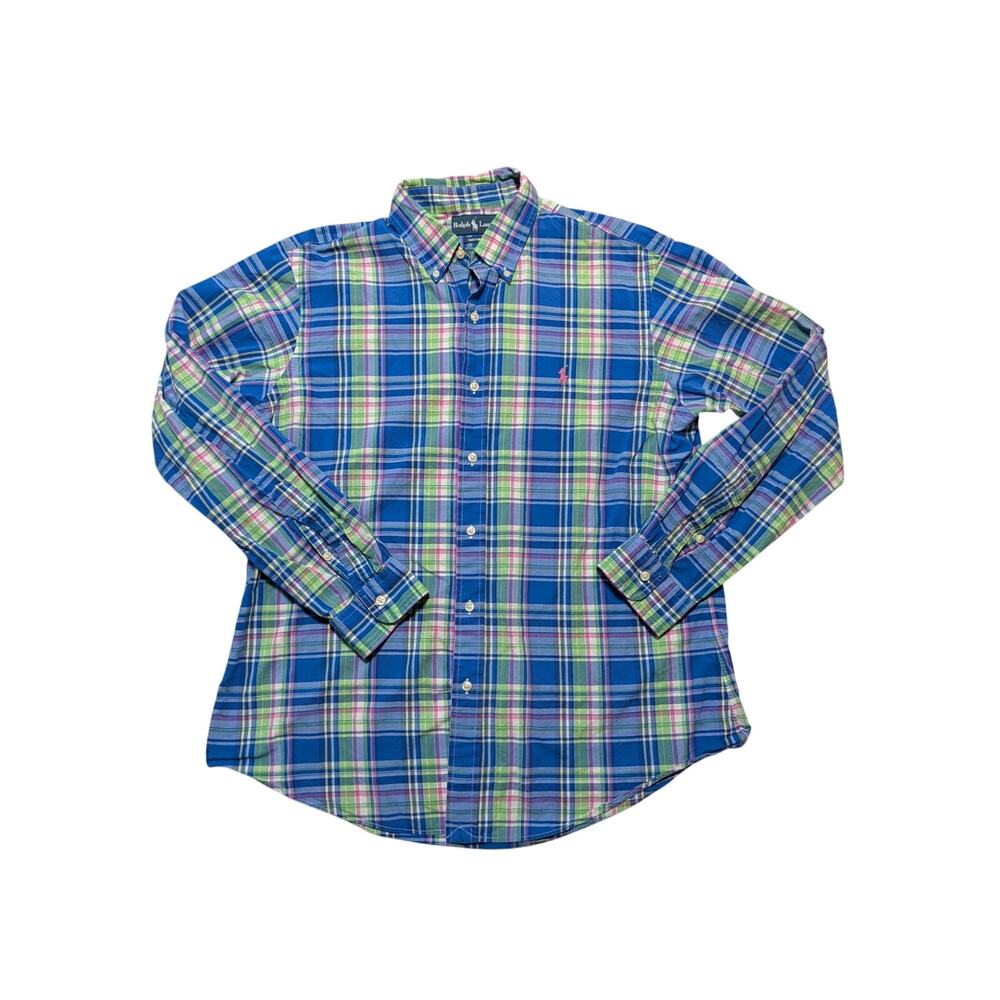 Ralph Lauren Custom Fit Shirt Mens L Blue Green Plaid Long Sleeve Button Down